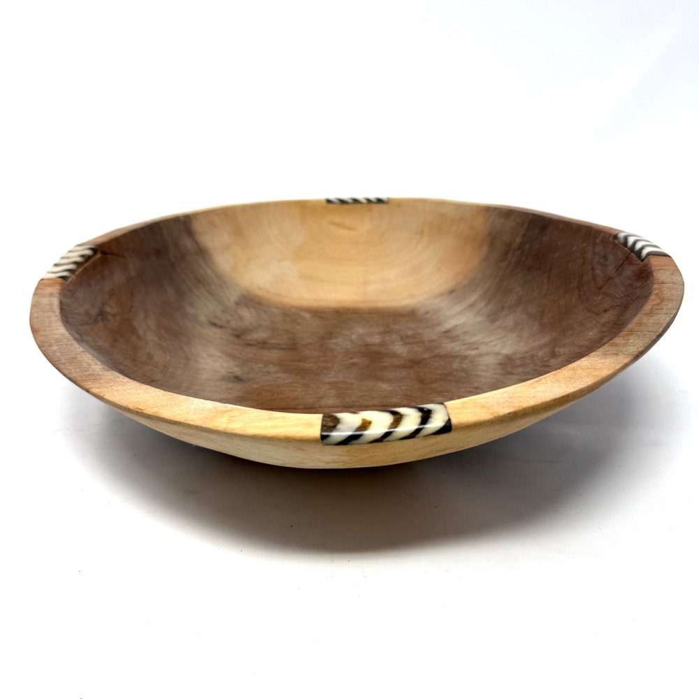 Hand Carved Wooden Bowl with Zebra Pattern Bone Inlay Tribal Boho Decor 11.5 x3"